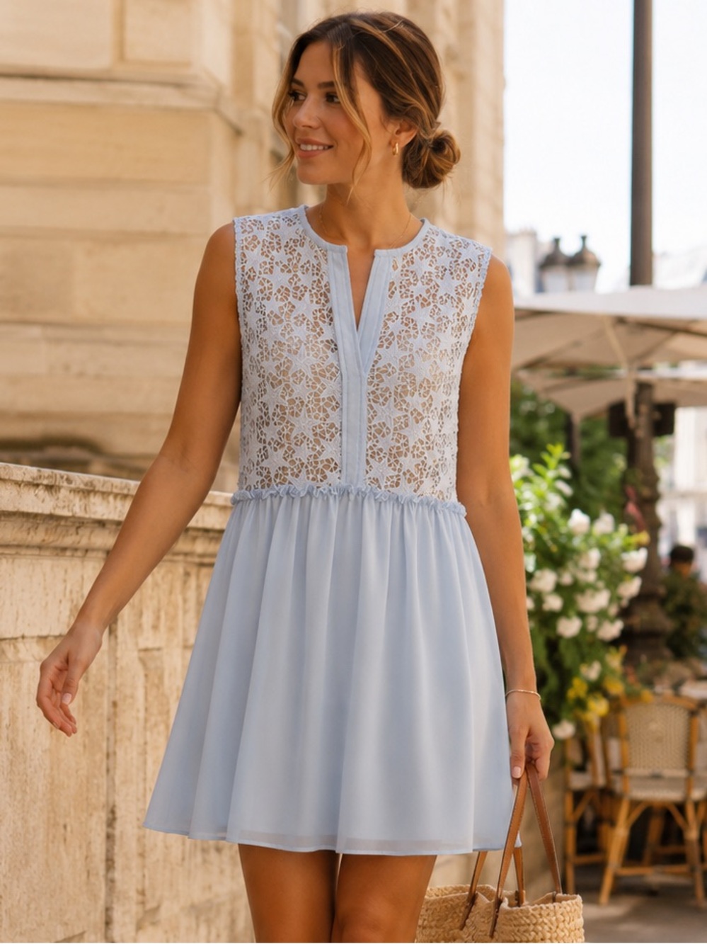 Sandro Paris Roxette Star Lace Mini Dress Bleu Ciel Baby Blue Size 1 small